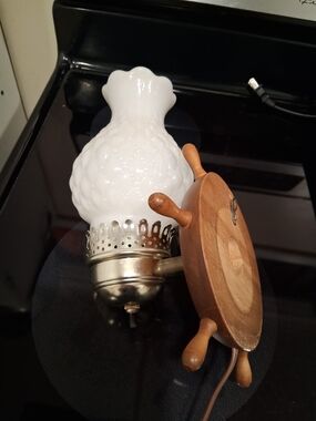 Vintage White Milk Glass Wall Sconce with Wood Accent Nautical